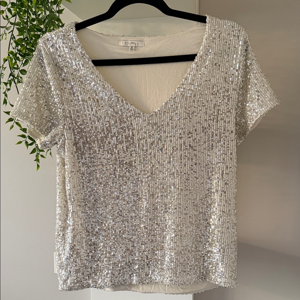 Silver Sequin V-Neck Top Z supply